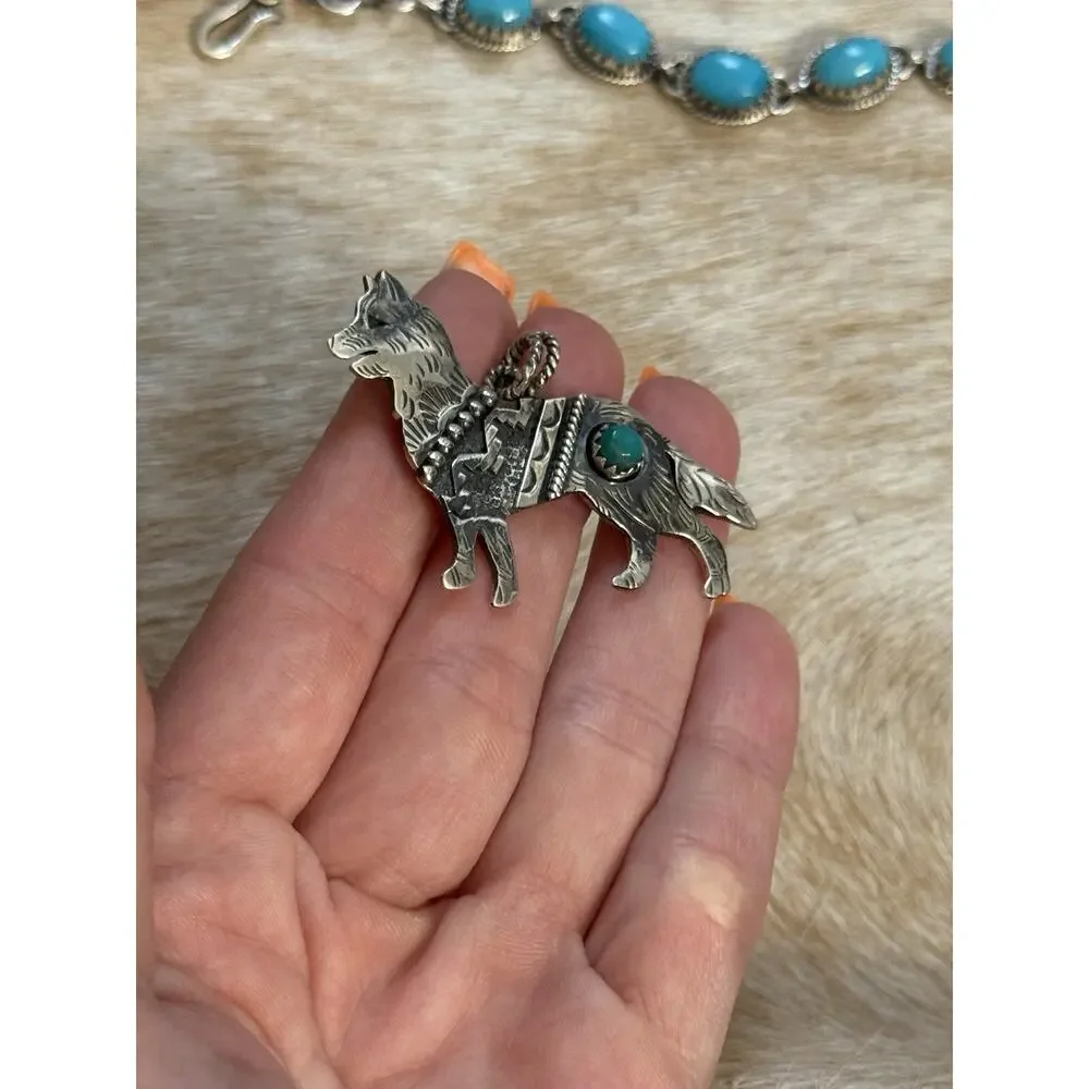 Native American 925 SW Sterling Silver Turquoise Husky Wolf Dog Pendant Detailed - Picture 7 of 9